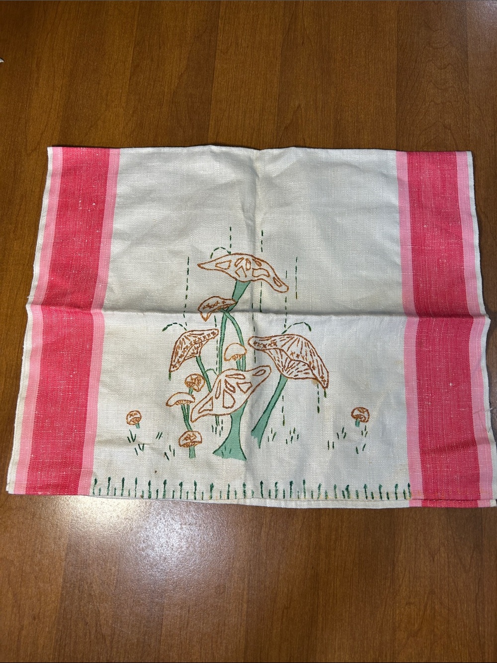 Embroidered Mushroom Cotton Tea Towel in Pink and Cream